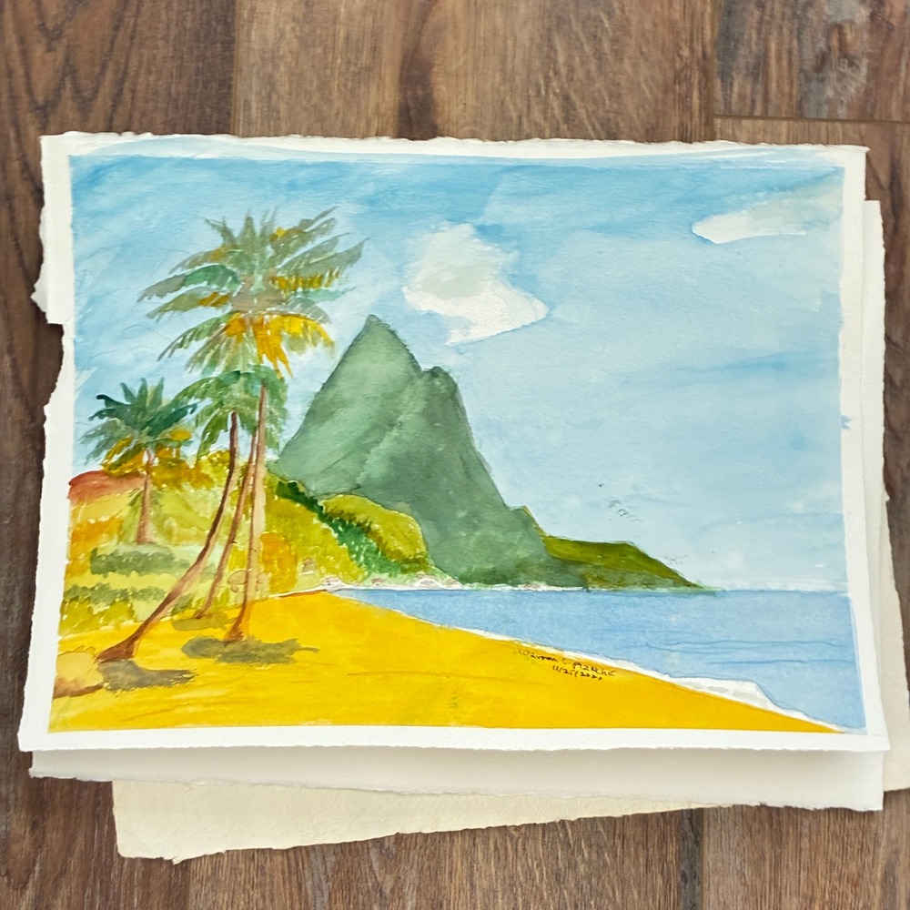 Dawn in St Lucia Pitons Landscape Warren C Plauche Original Watercolor Painting
